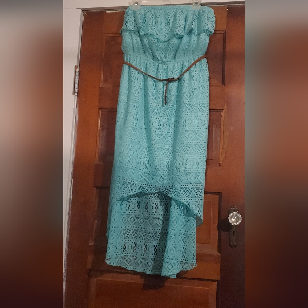 Maurices Teal Strapless High-Low Lace Dress with Belt